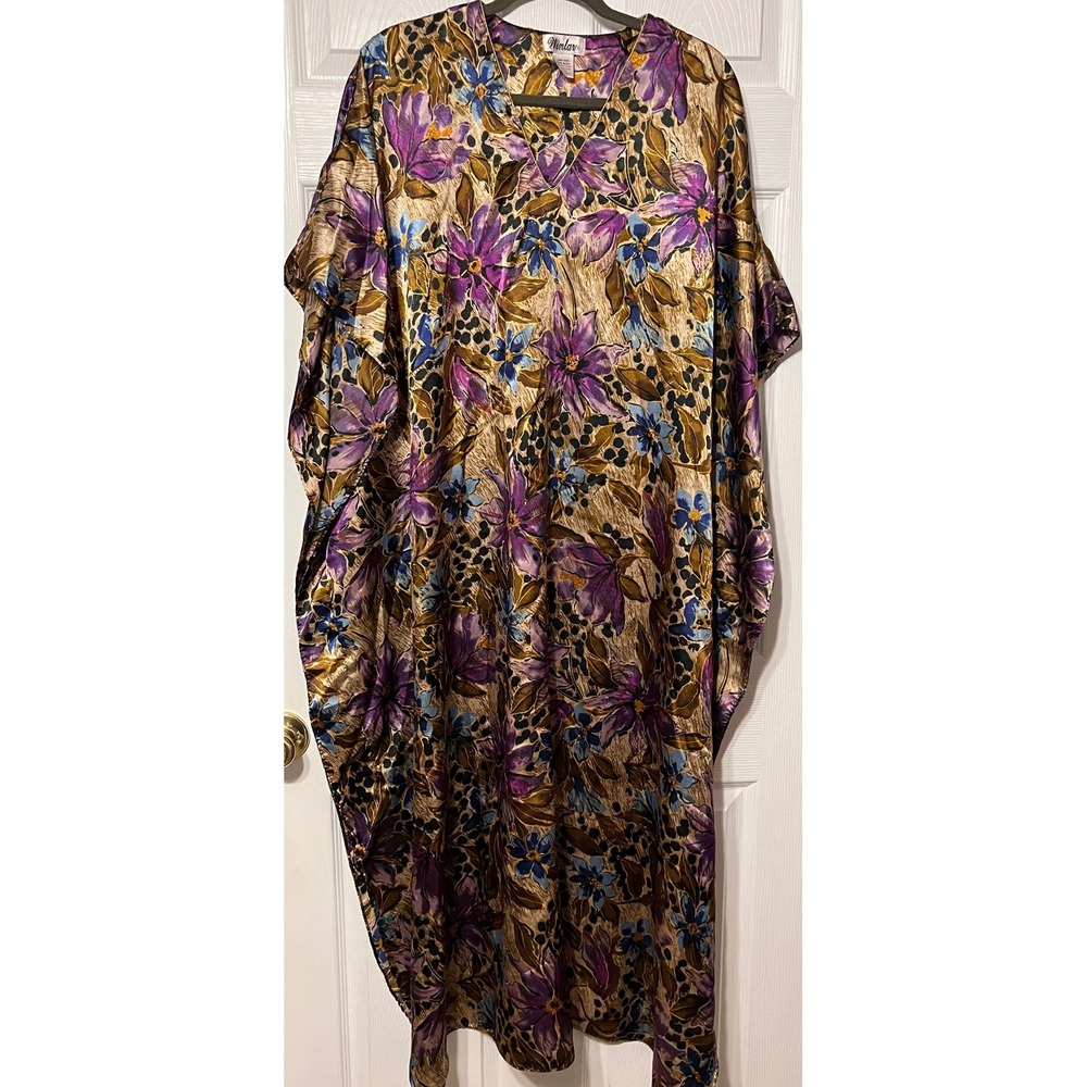 Winlar Caftan Gown Womens One Size Floral Leopard Satin V-Neck Maxi Lounger Gold